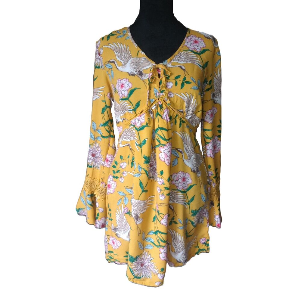 Xhilaration Women's XS Japanese Crane & Floral Mini Dress With Bell Sleeves